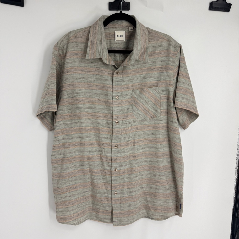 ROWM Mens XL Short Sleeve Button Down Shirt Green Orange Striped Cotton Blend